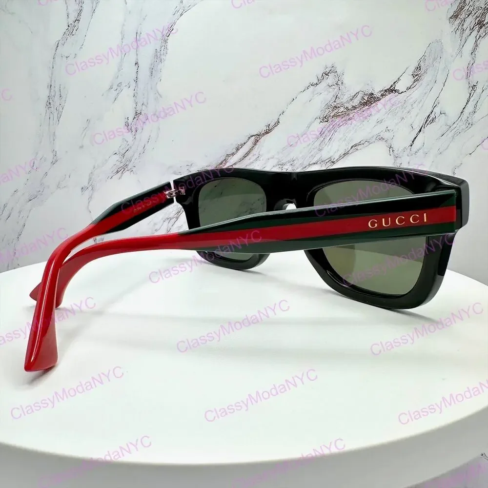 New GUCCI Sunglasses Mens 52mm Black Square Rectangle Aviator Red Green Web Arm